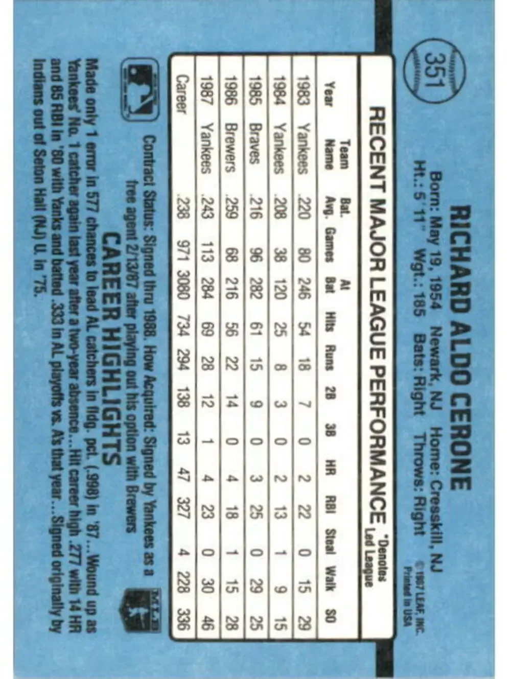 1988 Rick Cerone Donruss Baseball Card #351